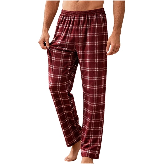 Ecqkame Mens Pajama Pants Plaid Printing Lounge Lightweight Pant Casual Loose Straight Everyday Trousers with Pockets Wine XXXL