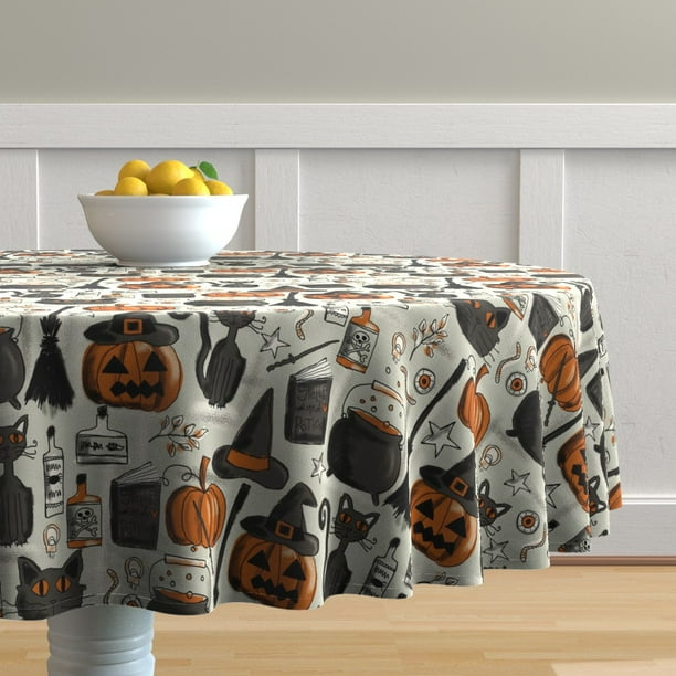 Round Tablecloth Halloween Pumpkin Black Cat Witch Spooky Kids Cotton