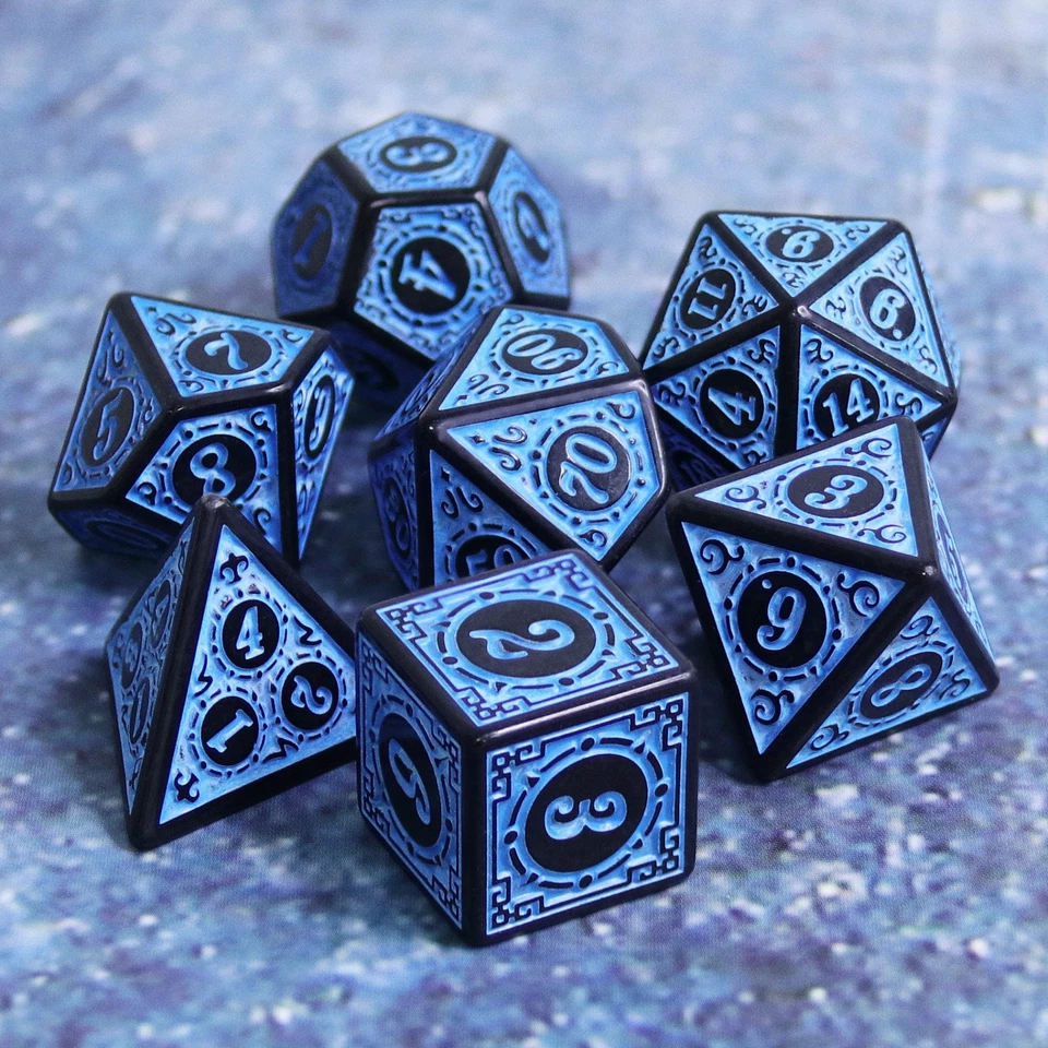 Blue Magic Flame 7-Dice Set Dnd Rpg Dice Black W/Color Fill