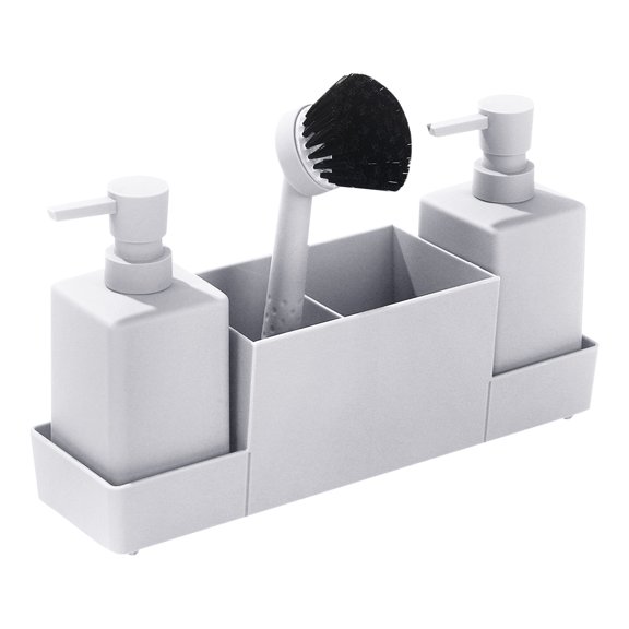 13x6 Inch Kitchen Countertop Organizer with Soap Dispenser and Sponge Holder Dishwasher Brush Tray Storage Box, White