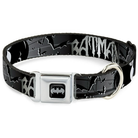 DC Comics Pet Collar, Dog Collar Metal Seatbelt Buckle, Batman Bat Signals Flying Bats Black White, 9.5 to 13 Inches 1.0 Inch Wide