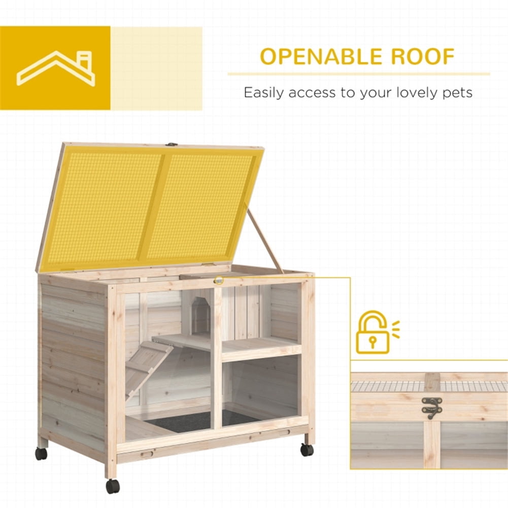 Kepooman 2 Tier Solid Wooden Rabbit Cage with 2 Transparent Rooms for Real Time Observation of Pet Status, Indoor Outdoor Rabbit Cage Guinea Pig Cage Small Animal Pet House, Natural