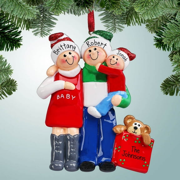 Expecting Family with Teddy Bear - 3 - Pregnant - 2nd Baby - Growing Family - Mother - Mom - Personalized Christmas Ornament - Great Gift Ideas