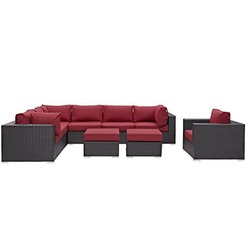 Modway Sectionnel de Mobilier de Patio Extérieur en Osier Rattan Convene 9 Pcs, Rouge
