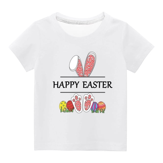 Penkiiy T-Shirts de Pâques pour Enfants Garçons Filles Mode Mignon Oreilles de Lapin de Pâques Œufs de Pâques Imprimé Col Rond Manches Courtes 13 Ans Blanc