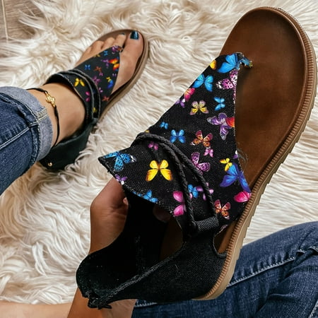 

MIASHUI shoes for women Sandals For Women Summer Fashion Flower Print Flat Shoes Retro Flip Flops