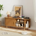 thumbnail image 5 of TV Stand with Power Outlet, Mid-Century Modern Television Stand, Media Console with Sliding Doors, Entertainment Center for TVs up to 60 Inch, Adjustable Shelves,Yellow Walnut, 5 of 8