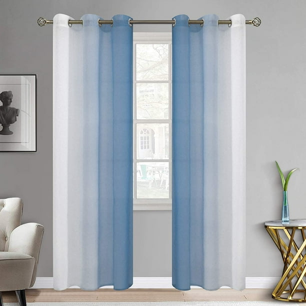 Ombre Sheer Curtains Faux Linen Grommet Light Filtering Semi Grant Window Curtain Pair For Bedroom Living Room Set Of 2 Panels Each 42 X 84 Inch Navy Blue Com Ombre Sheer Curtains Faux Linen Grommet, Navy Blue Sheer Curtains 84 Inch