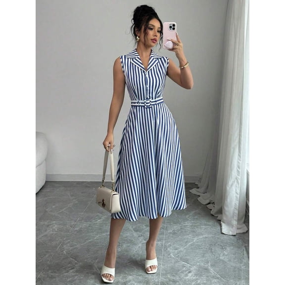Women's Sleeveless Stripe Midi Dress with Collar and Belt - Summer Casual Dress