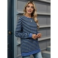 thumbnail image 6 of Womens Casual Striped Long Sleeve Shirt Trendy Crew Neck Slim Loose Fit Basic Blouses Tops Blue Black XL, 6 of 8