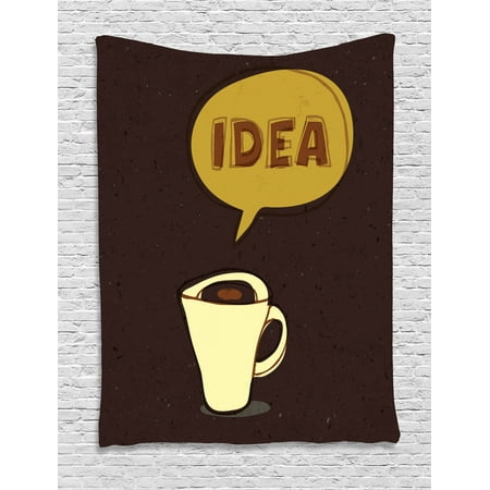 Coffee Tapestry, Cup of Idea Concept Brew of Creativity and Imagination Sketch Art, Wall Hanging for Bedroom Living Room Dorm Decor, 60W X 80L Inches, Dark Brown Mustard Cream, by