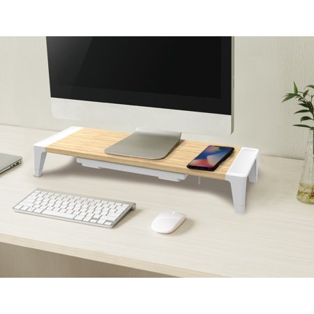 UPC: 0842048033073 | Bostitch Wooden Monitor Stand  Wireless Charging Pad  Drawer for Storage  Adjustable Height Riser Includes Removable Non-Skid Rubber Feet – Wood Grain and White