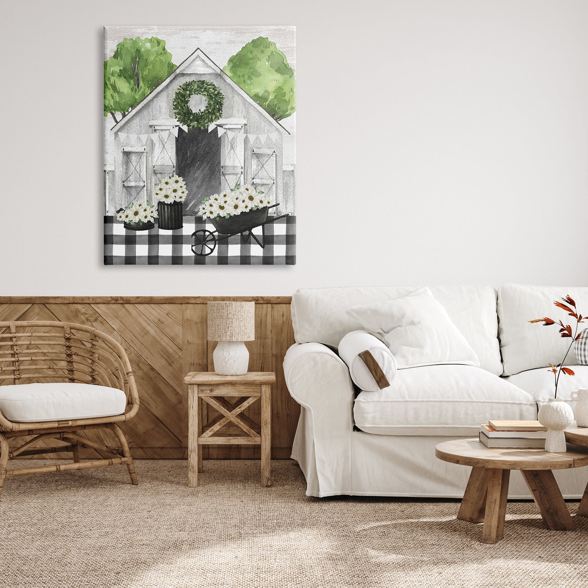 Stupell Industries Plaid Barn with Floral Wagon Botanical & Floral Painting Gallery Wrapped Canvas Art Print Wall Art, 36 x 48