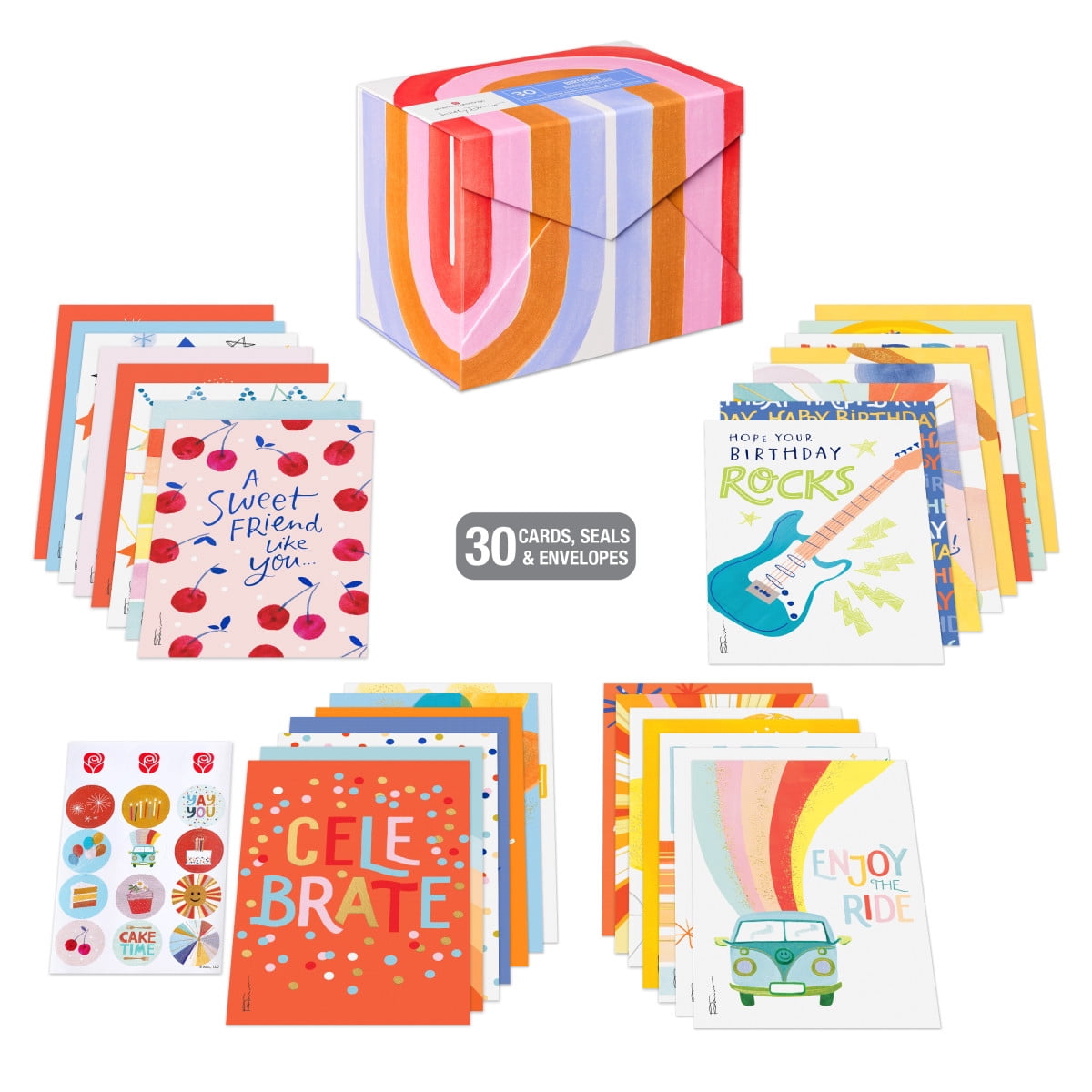 American Greetings 30-Count Birthday Card Assortment Box with Envelopes, Seals, and Storage Box (Kathy Davis Designs, Cake)