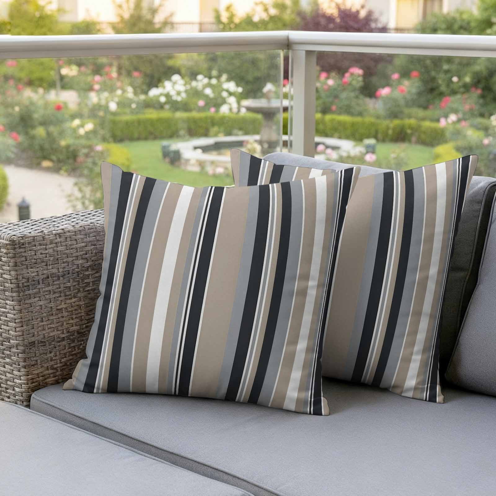 Black Grey Brown Striped Outdoor Waterproof Pillow Covers, Modern Stripes Art Farmhouse Decorative Square Throw Pillowcase Sofa Cushion Sham for Patio/Couch/Chair, 18"x18" 2 Pack