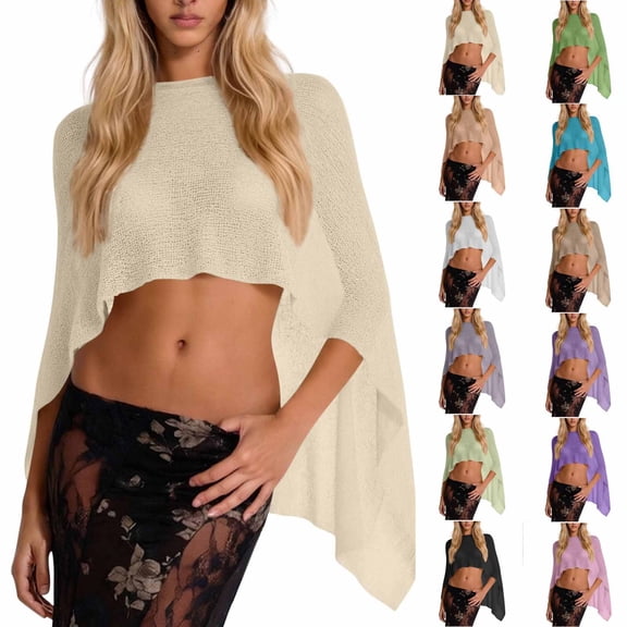 Feancey Sheer Poncho Tops for Women Crochet See Through Beach Coverups Summer Sun Protection Asymmetrical Shawl Pink Free Size