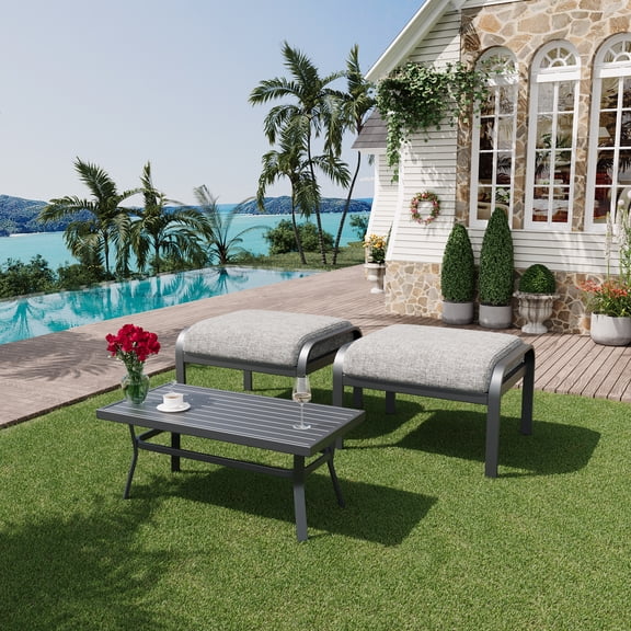 HOMREST Metal Outdoor Ottoman, 3-Piece Aluminum Footstool w/Removable Cushion, Multipurpose Footrest Stool with Coffee Side Table Additional Seating, Set of 3 Outdoor Ottomans for Patio Deck (Grey)