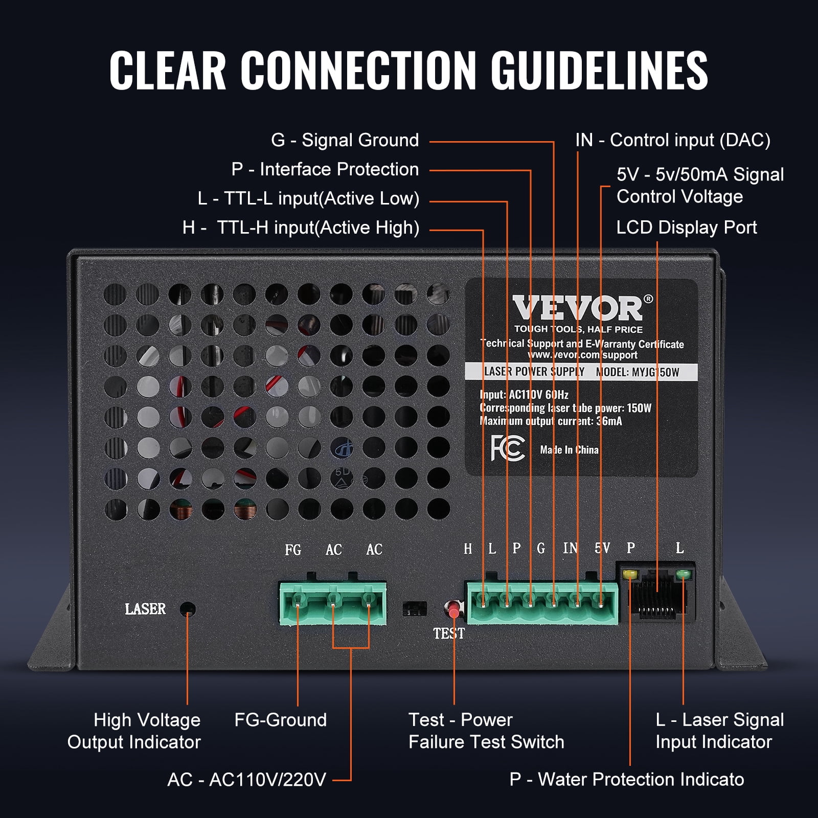 VEVOR CO2 Laser Power Supply, 150W, Power Supply for 150W Laser Tube, Constant Current Protection, Open Circuit Protection, Fast Heat Dissipation, Compatible for Multi-brand Laser Engravers & Cutters