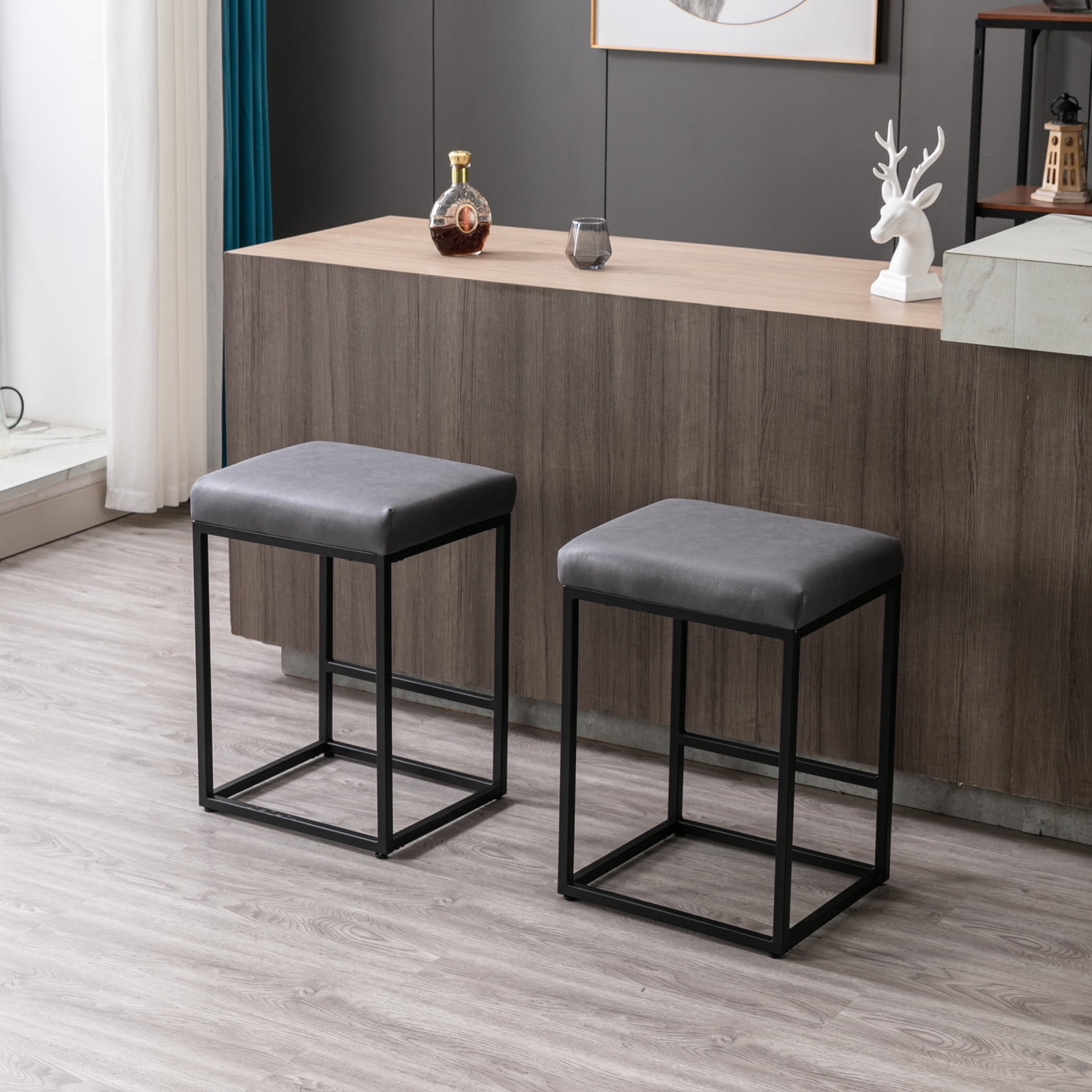 Modern Counter Height Bar Stools 24” PU Leather Upholstered with Metal