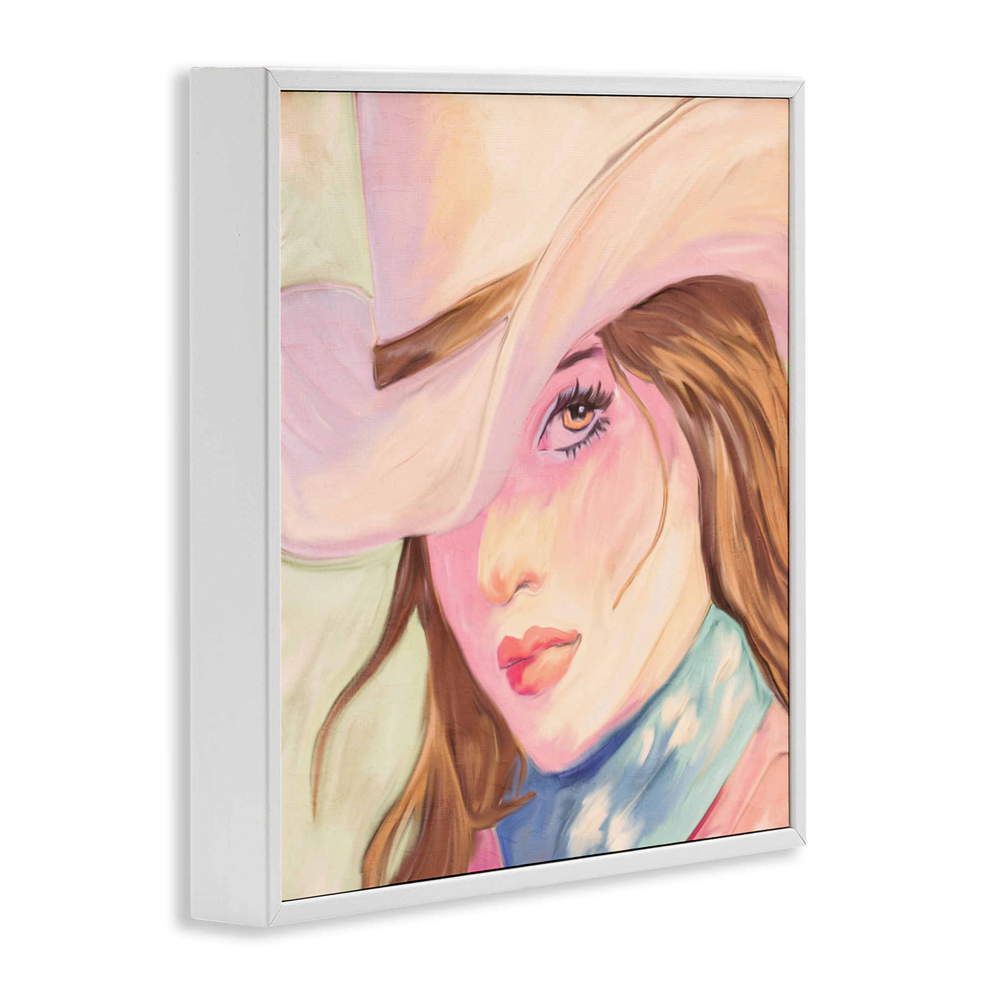 Pastel Cowgirl Brunette White Framed Giclee Art, design by Kim Allen