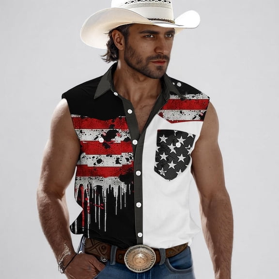 Njagoc3 Men's USA Flag Fringe Color Block Collared Sleeveless Denim Shirt, Western Cowboy Casual Button Down Top