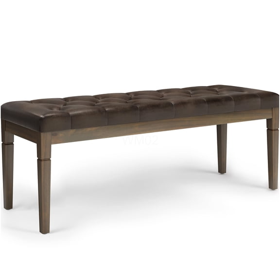 Dark Brown Faux Leather Ottoman Bench with Tufted Upholstery and Carved Legs, Multi-Functional Storage Footstool for Living Room