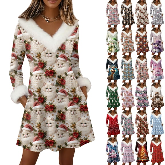 Yucgh Women's Long Sleeve Pullover Knit Dress with Pockets, V-Neck Knee Length Casual Winter Dress, Christmas Holiday Tunic Dress,L