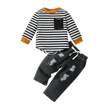 

Xiulive Toddler Boys Winter Long Sleeve Pocket Striped Prints Tops Pants 2Pcs Outfits Clothes Set Casual Soft Clothes set