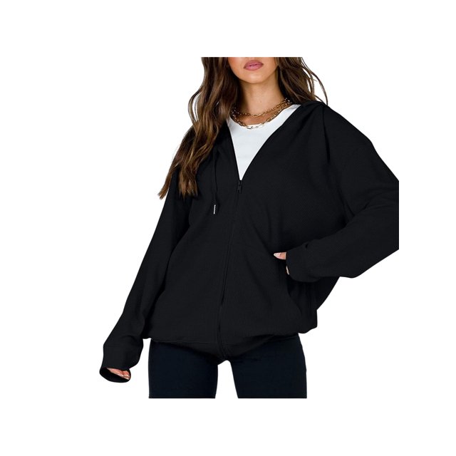 Women's Casual Hooded Jacket Long Sleeve Zip Up Solid Color Outwear with Pockets Fall Sweatshirt