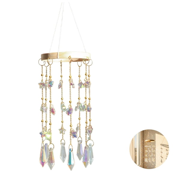 Crystal Sun Catchers Rainbow Maker with Natural Wood Loop, Hanging Wind Chime Style Crystal Suncatchers for Window, Star and Pointed Bead Pendants for Home Garden Bedroom Decor, 7.5 in