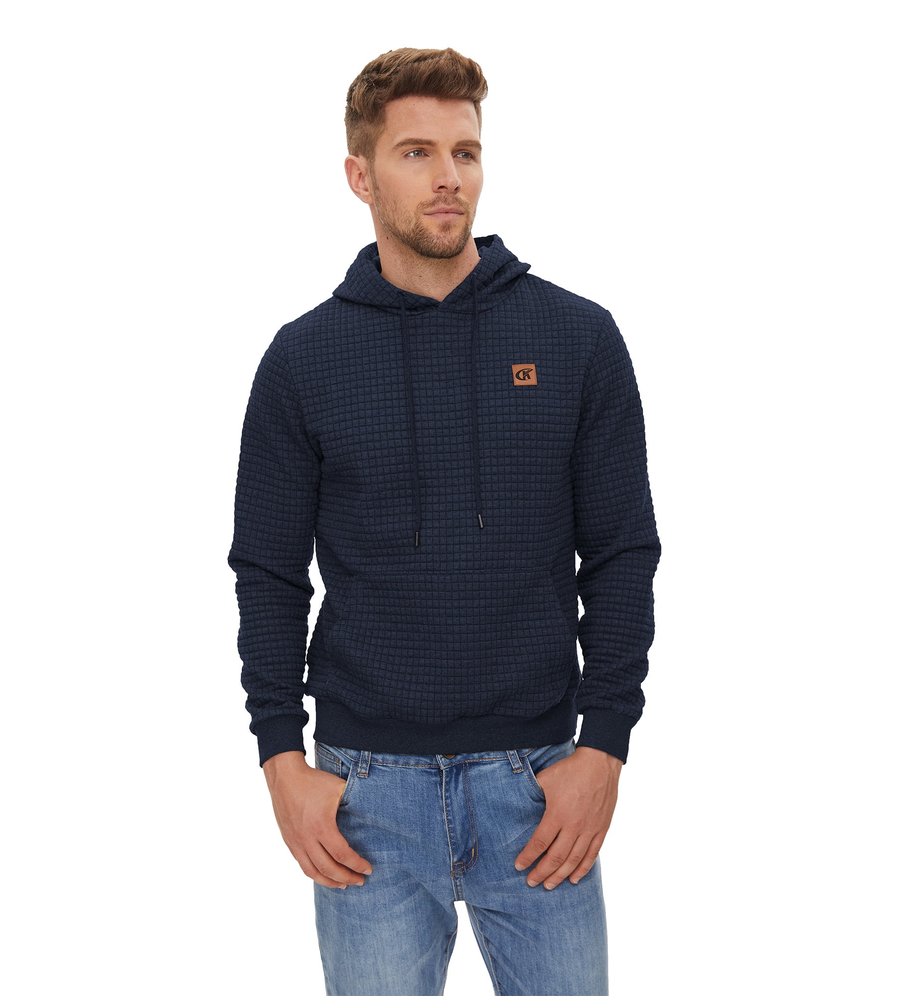 Satankud Men's Pullover Hoodies Plaid Jacquard Weave Long Sleeve Drawstring Hipster Casual Hooded Sweatshirts with Kanga Navyblue M