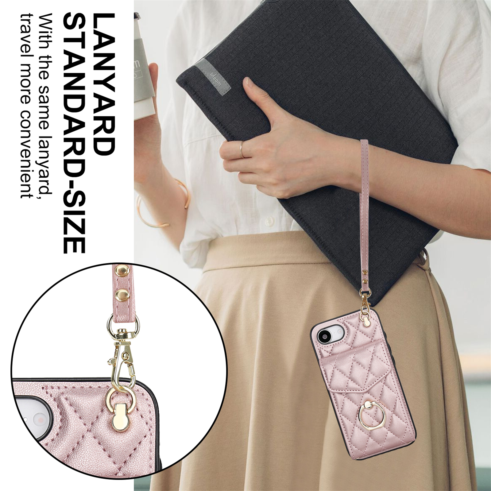 Asuwish Wallet RFID Blocking PU Leather Cell Phone Case with Tempered Glass Screen Protector, Wrist Strap for iPhone 16e, Rose Gold