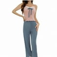 thumbnail image 2 of YHAJDS Pajama Set for Women 2 Piece Collared Long Sleeve Blouse with Bow and Lounge Pants, 2 of 4