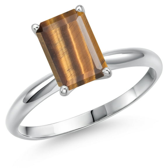 Gem Stone King 14K White Gold Brown Tiger Eye Solitaire Engagement Ring for Women | 3.00 Cttw | Emerald Cut 10X8MM | Gemstone Birthstone | Size 8