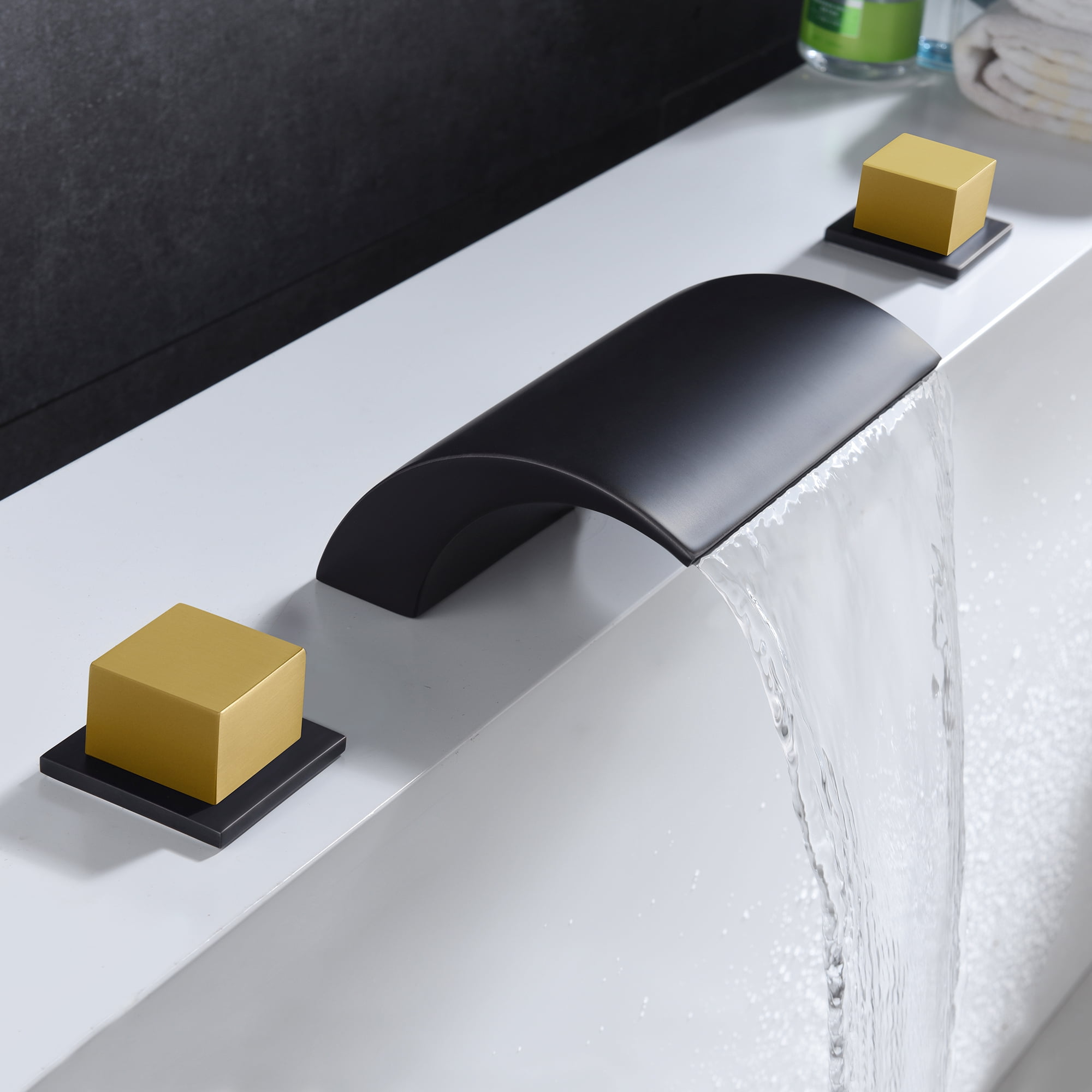 SUMERAIN Roman Bathtub Faucet 3 Hole Deck Mount High Flow Waterfall Tub Filler Black and Gold Finish