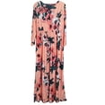 thumbnail image 6 of Women's 3/4 Sleeve Round Neck Gathered Waist Casual Stretched Rose Floral Maxi Dress with Hidden Side Pockets Pink S, 6 of 7