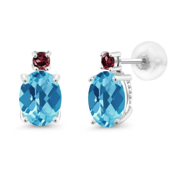 Gem Stone King 14k White Gold Swiss Blue Topaz and Red Rhodolite Garnet Earrings for Women (2.78Cttw, GemstoneNovember Birthstone, Oval Checkerboard 8X6MM, Round 2.5MM)