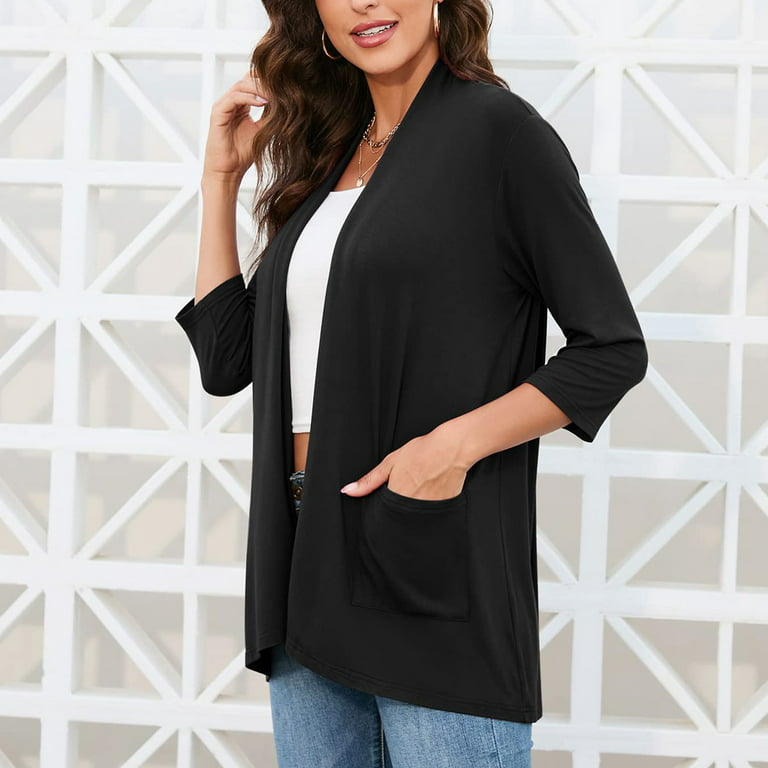 SHOWMALL Women's Casual Lightweight Open Front Cardigans Soft Draped 3/4  Sleeve Cardigan, US Size XL, Black 