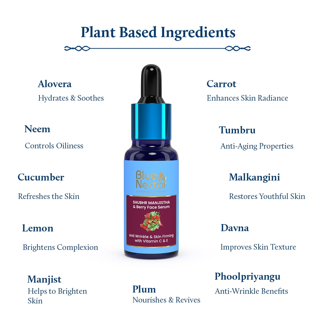 Blue Nectar Manjistha Vitamin C Face Serum for Anti Wrinkle & Skin Firming | Face Serum for Glowing Skin (13 herbs, 1 Fl Oz)