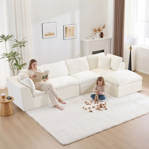 138'' Chenille Sectional Sofa with Movable Ottoman, Modern Boneless Cloud Couch with Deep Seat, 4-Seater L-Shaped Modular Sofa for Living Room, No Assembly Required, Beige