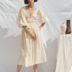 thumbnail image 1 of Korean Fashion Cotton Linen Summer Women Dress Yellow Casual Puff Sleeve V-Neck Bandage Holiday Beach Party Dress Vestido zhangmengya LED, 1 of 2