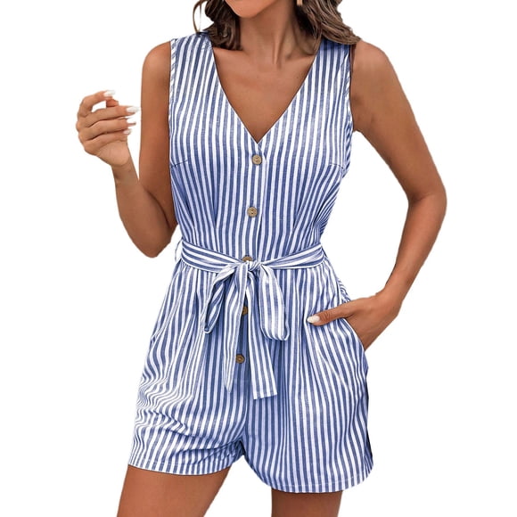 Mono sin mangas con cuello en V y cinturón para atar en la cintura para mujer - Mono informal para vacaciones - Conjunto de rayas para primavera y verano - Tallas S-XL