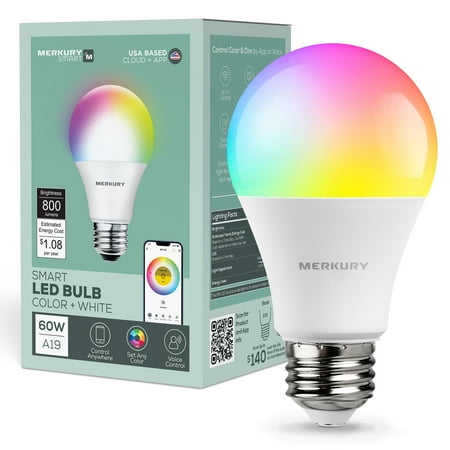 Merkury Smart Color Bulb, 9W (60Watt Eqv), A19/E26, RGBW Dimmable Smart Light (1 Pack)