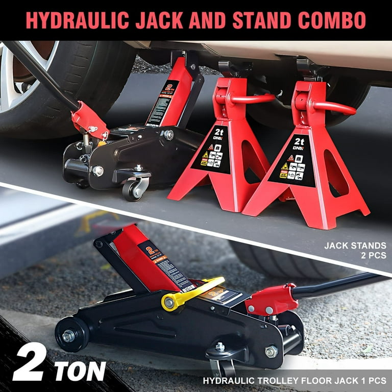 DNA Motoring TOOLS 00280 Low Profile Hydraulic Trolley Service Floor Jack Combo with 2 Ratchet Jack Stands