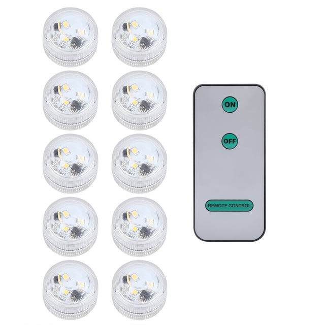 Juego de 10 velas LED redondas impermeables con control remoto sumergible (blanco cálido)