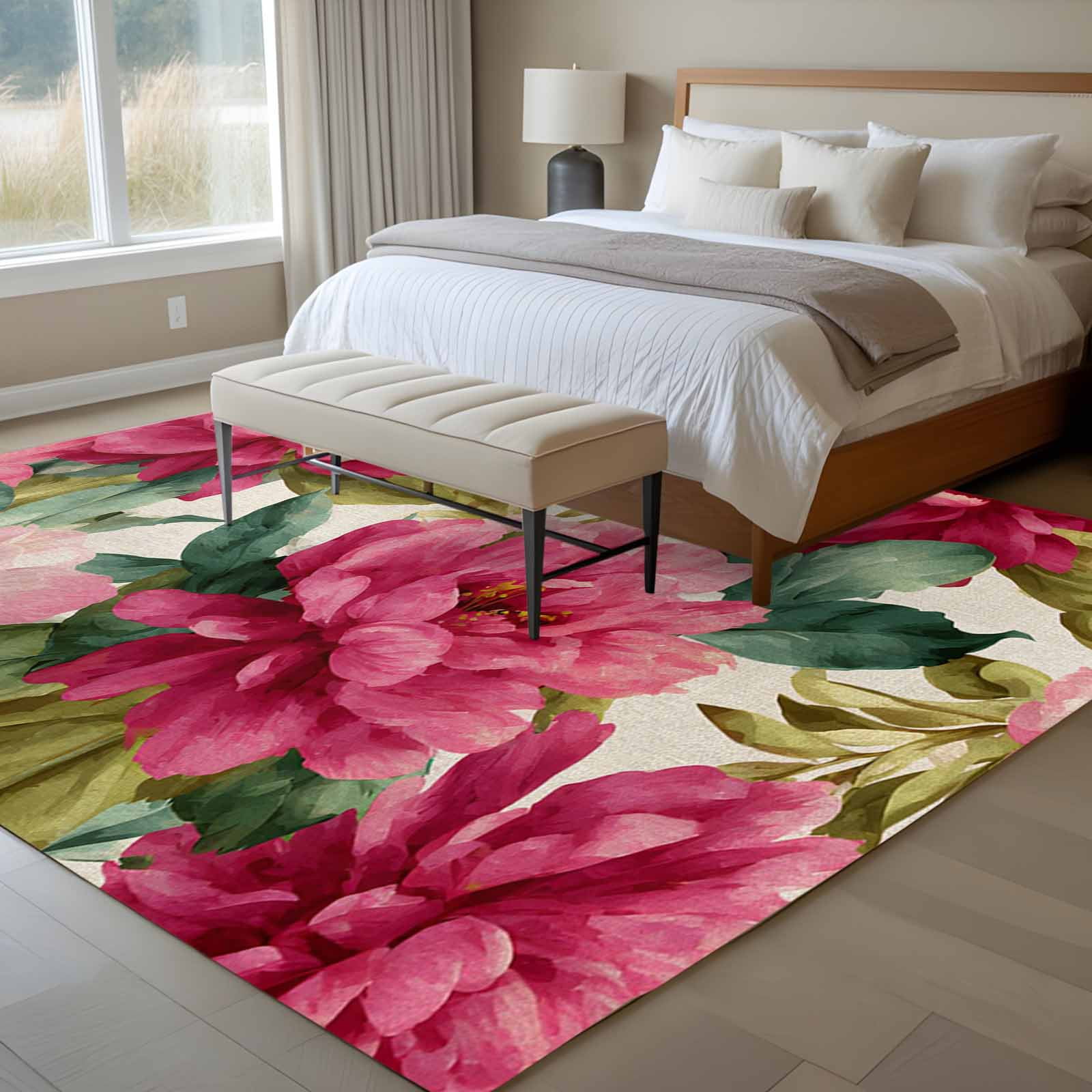 Pink Flowers Area Rugs 5'x7', Small Throw Rugs for Laundry Room Playroom, Spring Watercolor Floral Leaves Plants Beige Indoor Outdoor Rug Non-Slip Low Pile Carpet Runner Reversible Floor Mats