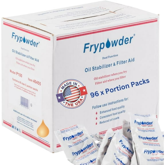 MirOil P100 Fry Powder Oil Stabilizer and Filter Aid, Food Centers Cook Hotter, Deep Fryer Cooking Oil Saver Helps Save Grease & Remove Carbon Deposits, 90 x Size C Portion Pack(160ML Each) Fry Powder