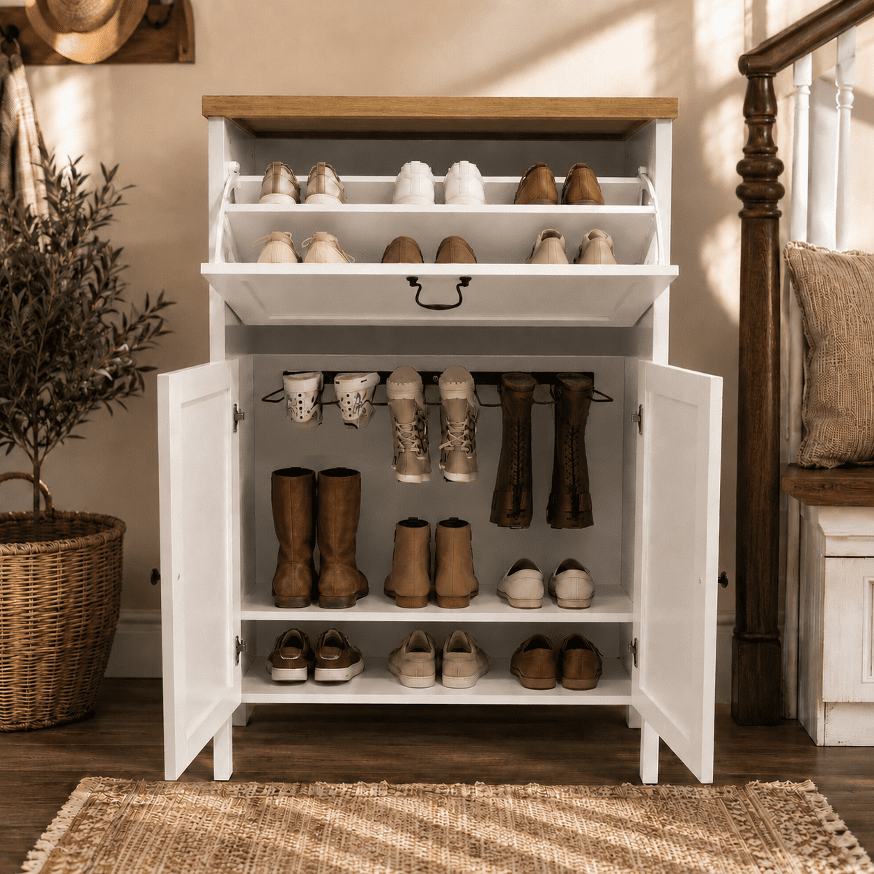 Shoe Cabinet with Flip Drawer, Boot Rack and 6 Boot Clips, Narrow Entryway Shoe Cabinet with Adjustable Shelf, Freestanding Shoe Organizer Cabinet for Entryway, Foyer, 31.5"W x 15.7"D x 45.3"H