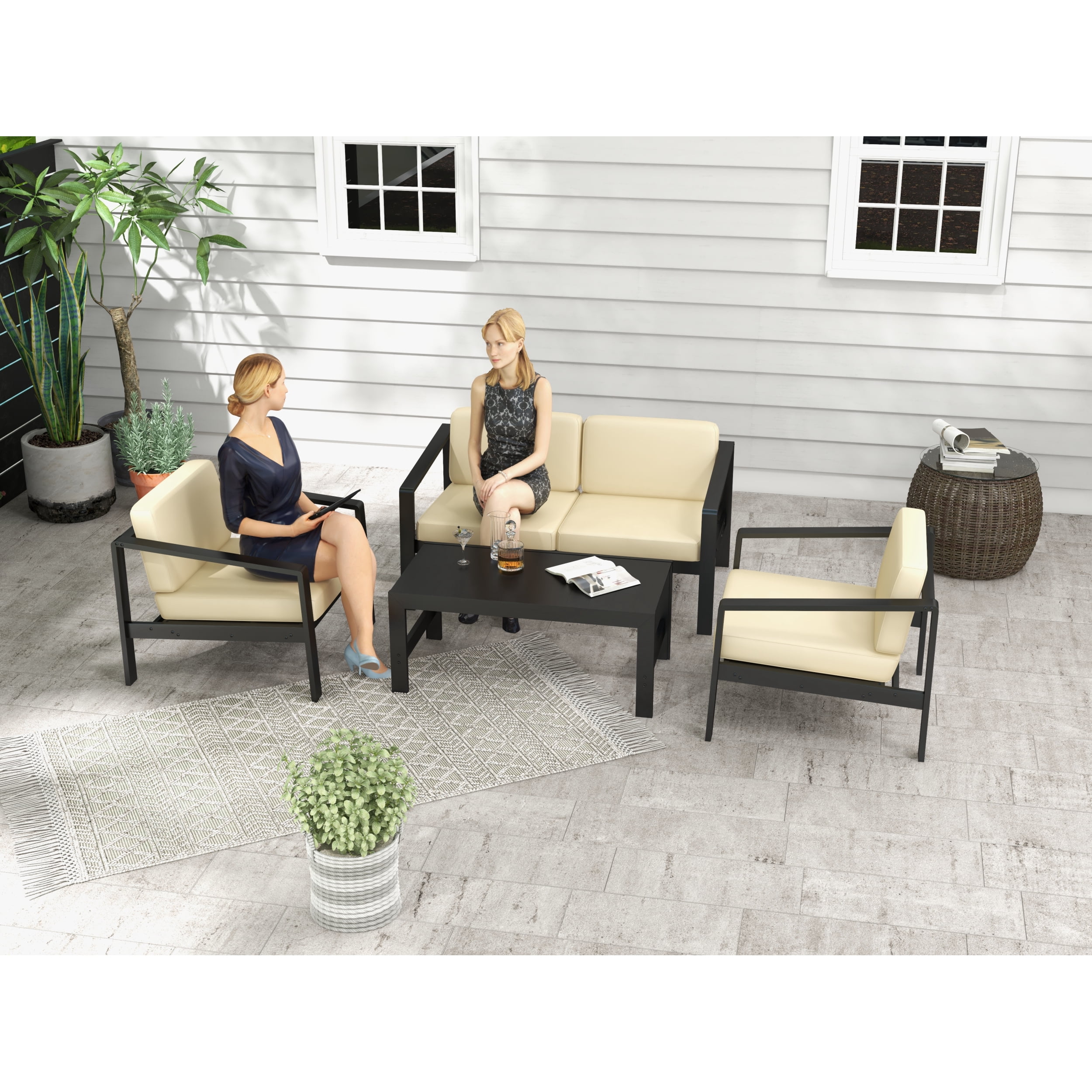 4 Piece Outdoor Furniture Set with Outdoor Waterproof Sofa Coffee Table