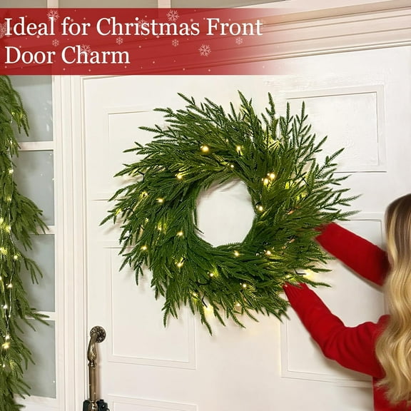 Bootesun 24" Lighted Norfolk Pine Wreath, Artificial Christmas Wreaths for Front Door LED Pine Branches Christmas Door Wreath for Wall Window Indoor Outdoor Home Xmas Decorations